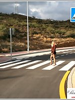 Roadside Flashing On A Zebra Crossing In Seamless Brown Pantyhose