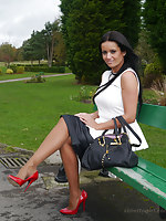 Gorgeous Kerry teases her beautiful silklike nylon legs more a pair be fitting of red stiletto heels on her feet